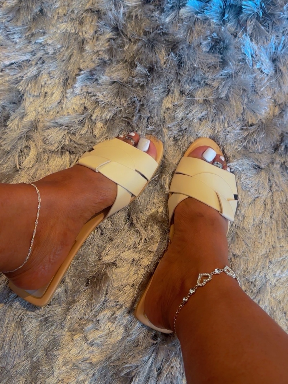 Cream Woven Slide Mules